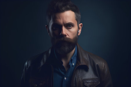 Portrait of a brutal man with a beard and mustache in a leather jacket on a dark backgroundの素材
