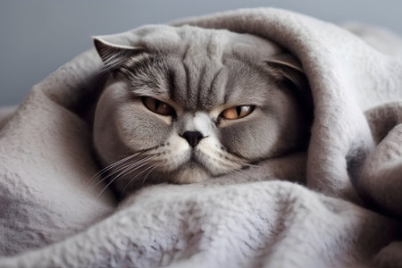 Portrait of a beautiful scottish fold cat lying under a blanketの素材