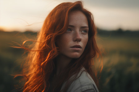 Portrait of beautiful young woman with long red hair in wheat field.の素材