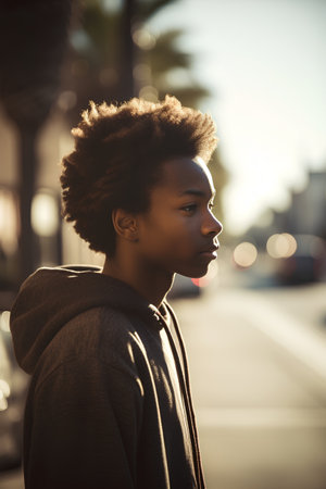 Young african american woman in the city street at sunset.の素材