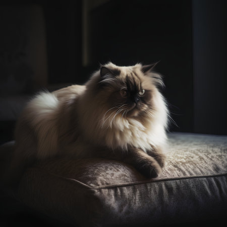 Persian cat sitting on a sofa in the dark room. Fluffy petの素材