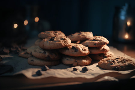 Chocolate chip cookies on a wooden table. Selective focus.の素材