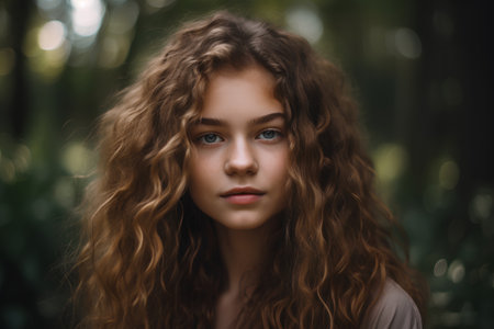 Portrait of a beautiful young woman with long curly hair. Beauty, fashion.の素材