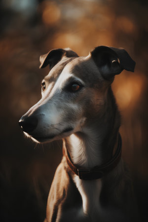 Portrait of a dog breed whippet in the autumn forestの素材