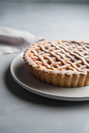 Delicious apple pie on a white plate on a gray background, selective focus.の素材