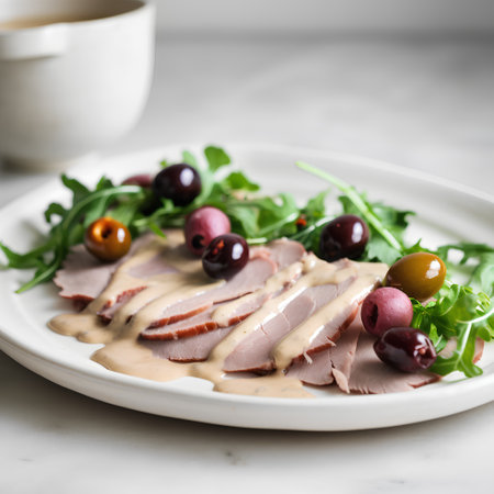 Sliced duck breast with olives and arugula on white plateの素材