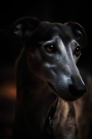 Portrait of a greyhound dog on a dark background, close-upの素材