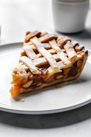 Closeup of apple pie on white plate with cup of coffee on backgroundの素材