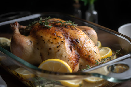 Baked chicken with lemon and thyme in baking dish on dark backgroundの素材