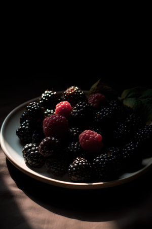 Blackberries and raspberries in a plate on a dark backgroundの素材