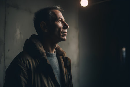 Portrait of a middle-aged man in a jacket in a dark roomの素材