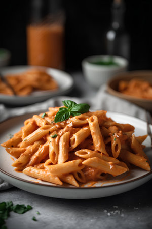 Penne pasta with tomato sauce and basil on a dark background.の素材