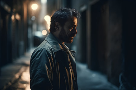 Handsome bearded man in a city street at night. Men's fashion.の素材