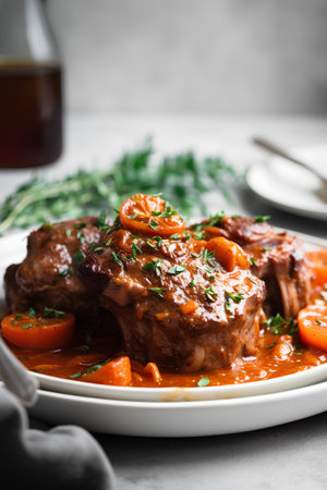 Braised lamb ribs with carrot and thyme in tomato sauce.の素材