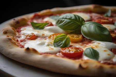 Pizza with mozzarella, tomatoes and basil on a dark backgroundの素材