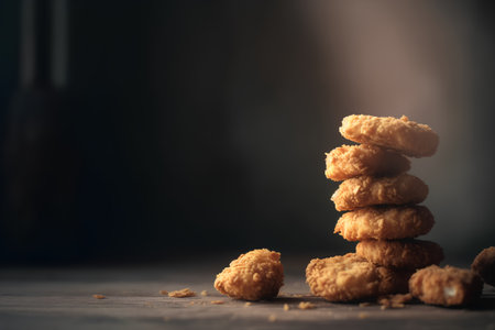 Fried chicken nuggets on a wooden table. Selective focus.の素材