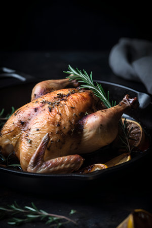 Whole roasted chicken with rosemary and lemon on dark background.の素材