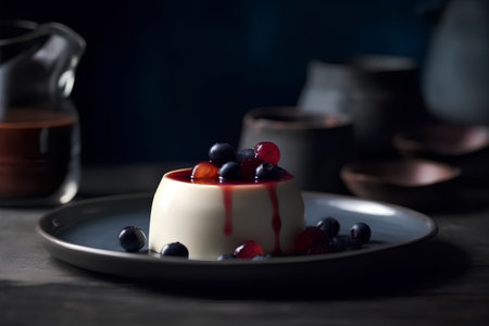 Panna cotta with fresh berries on a dark background, selective focusの素材