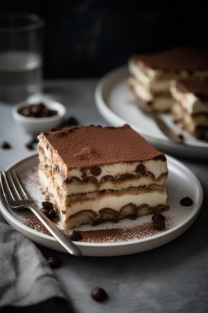 Tiramisu cake on a dark background. Toned.の素材