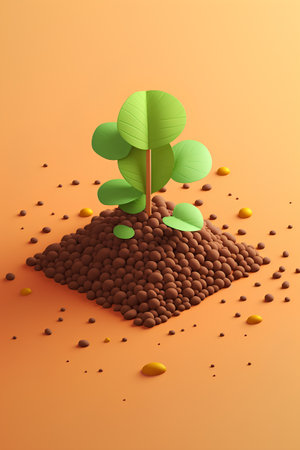 3d render of green sprout growing on soil. Isolated on orange background.の素材