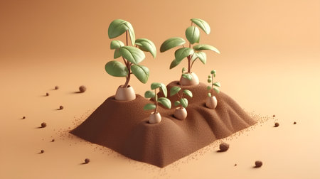 Plant seedling in soil, 3d render, brown backgroundの素材