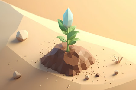 3d illustration of a green plant growing out of a rock in the desertの素材