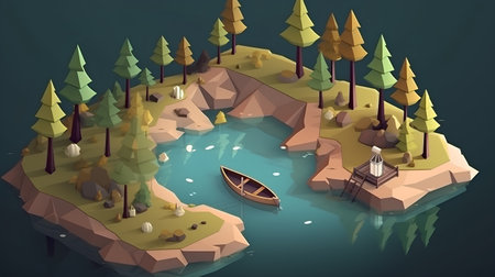 Fantasy landscape with a boat on the lake. Vector illustration.の素材