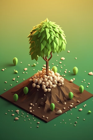 3d render of a green tree in the ground with pebblesの素材