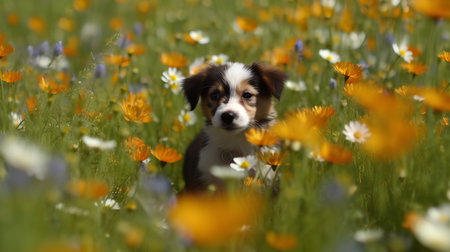 puppy of australian shepherd in a flower meadowの素材