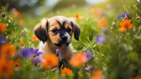 Puppy in the meadow with flowers. Puppy on natureの素材