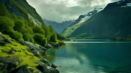 beautiful mountain landscape with lake and mountains in the background, Switzerlandの素材