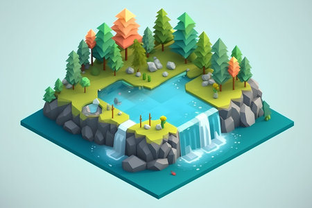 isometric waterfall and forest in the isometric view vector illustrationの素材
