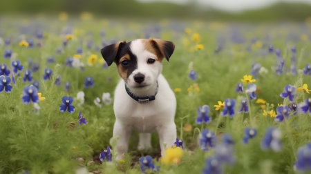 Jack Russell Terrier puppy in a spring field of blue flowers.の素材