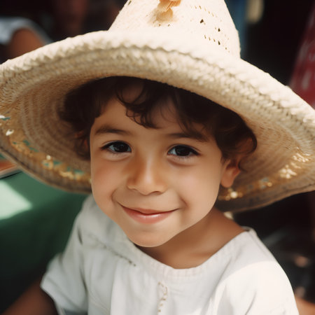 Portrait of a smiling little boy in a straw hat looking at the cameraの素材