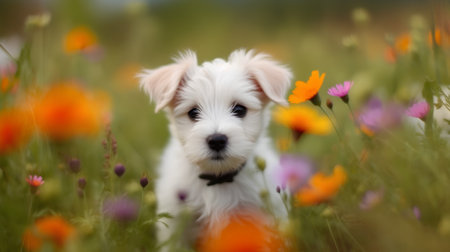 Cute puppy in a field of flowers. Puppy on nature.の素材