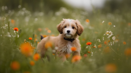 Adorable little dog in a field of orange poppies.の素材