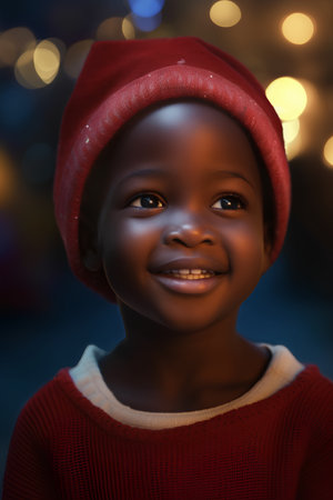 Little african american girl in red hat and red sweater at nightの素材