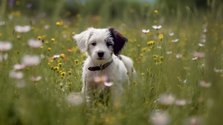 Portrait of a cute little dog in a meadow with flowersの素材
