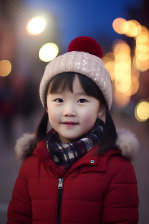 Little asian girl in red coat and hat with bokeh backgroundの素材