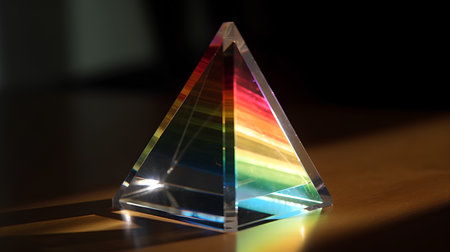 multicolored glass pyramid on a table in a dark room.の素材