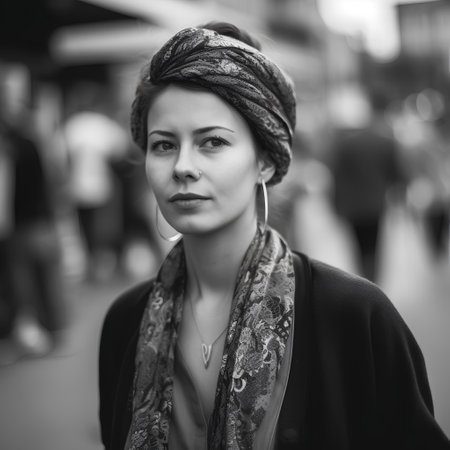 portrait of a beautiful woman in a turban on the streetの素材