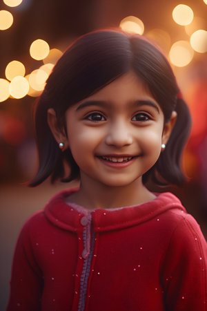 Portrait of a cute little girl in a red sweater on the background of Christmas lights.の素材