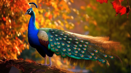 Peacock with colorful feathers on the background of the autumn forestの素材