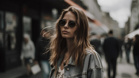 Portrait of a beautiful young woman in sunglasses on a city streetの素材