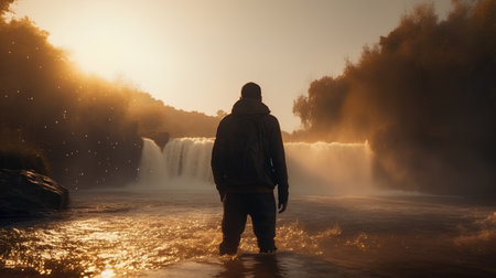 Silhouette of a man standing in front of a waterfall at sunriseの素材