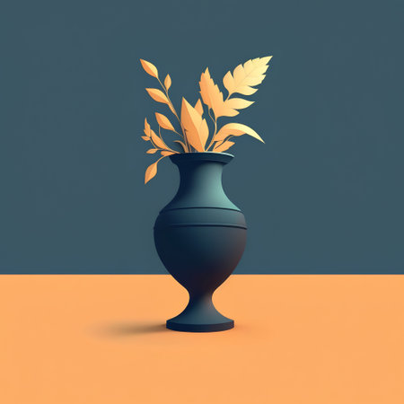 Vase with autumn leaves on a blue background. 3d renderの素材