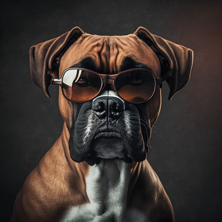 Portrait of a boxer dog wearing sunglasses on a dark background.の素材