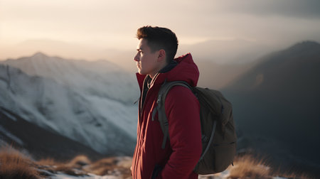 Handsome young man with backpack standing on top of a mountain and looking at the sunsetの素材