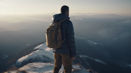 Hiker with a backpack standing on top of a mountain and looking at the sunsetの素材