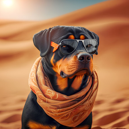 Rottweiler dog wearing sunglasses and scarf in the desert.の素材